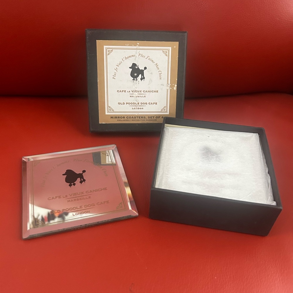 Restoration Hardware Old Poodle Cafe set of 4 mirrored coasters. New in Box.